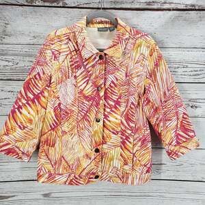 Additions by Chico's Women's Pink Orange Leaf Print Button Front Jacket Size 3